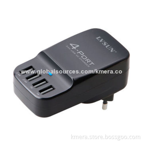 34W Portable Travel USB Charger with 4 Independent USB Ports, EU/UK/US/AU Plug Power Adapter